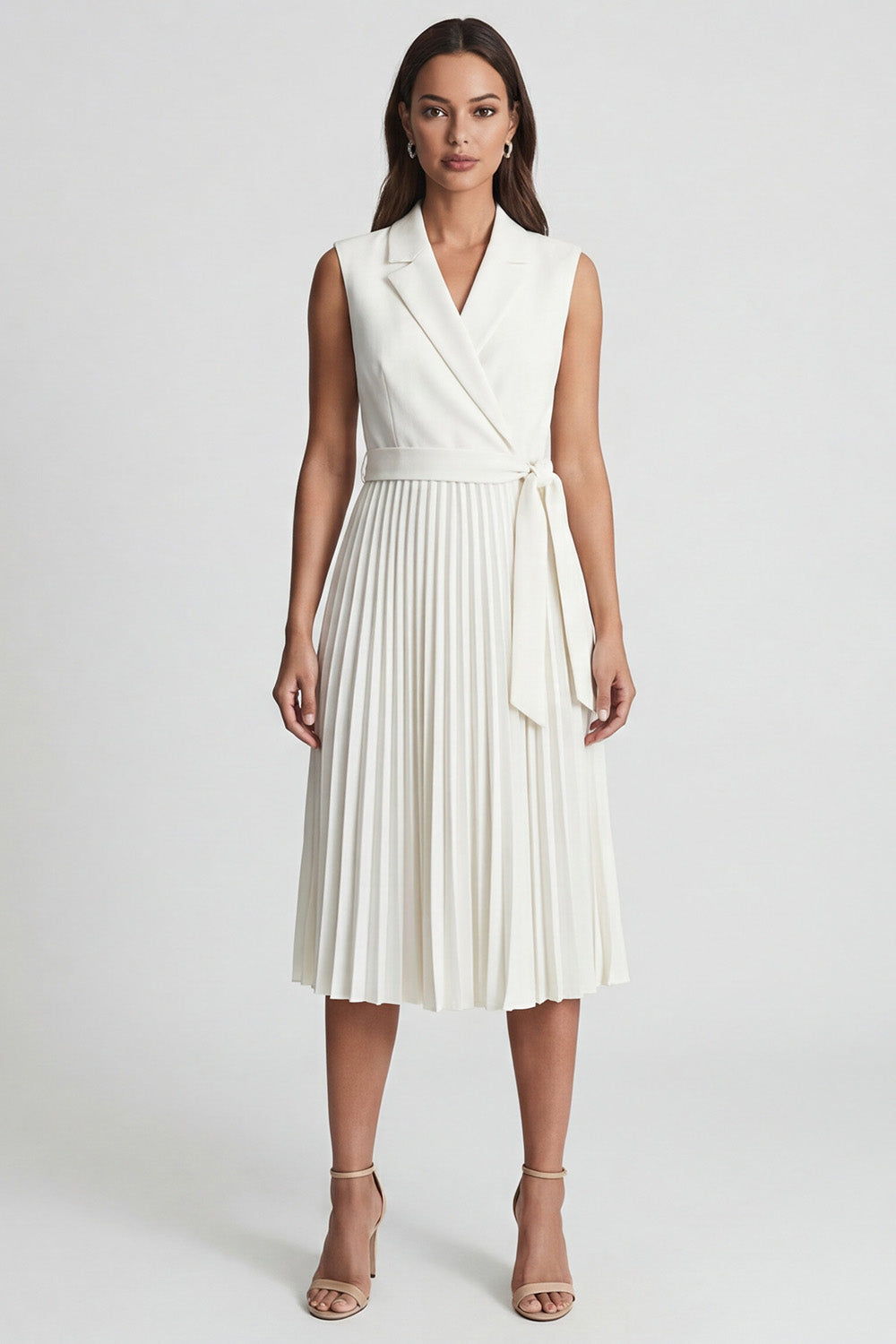 Ivory Notched Lapel Pleated A Line Midi Work Dress with Belt
