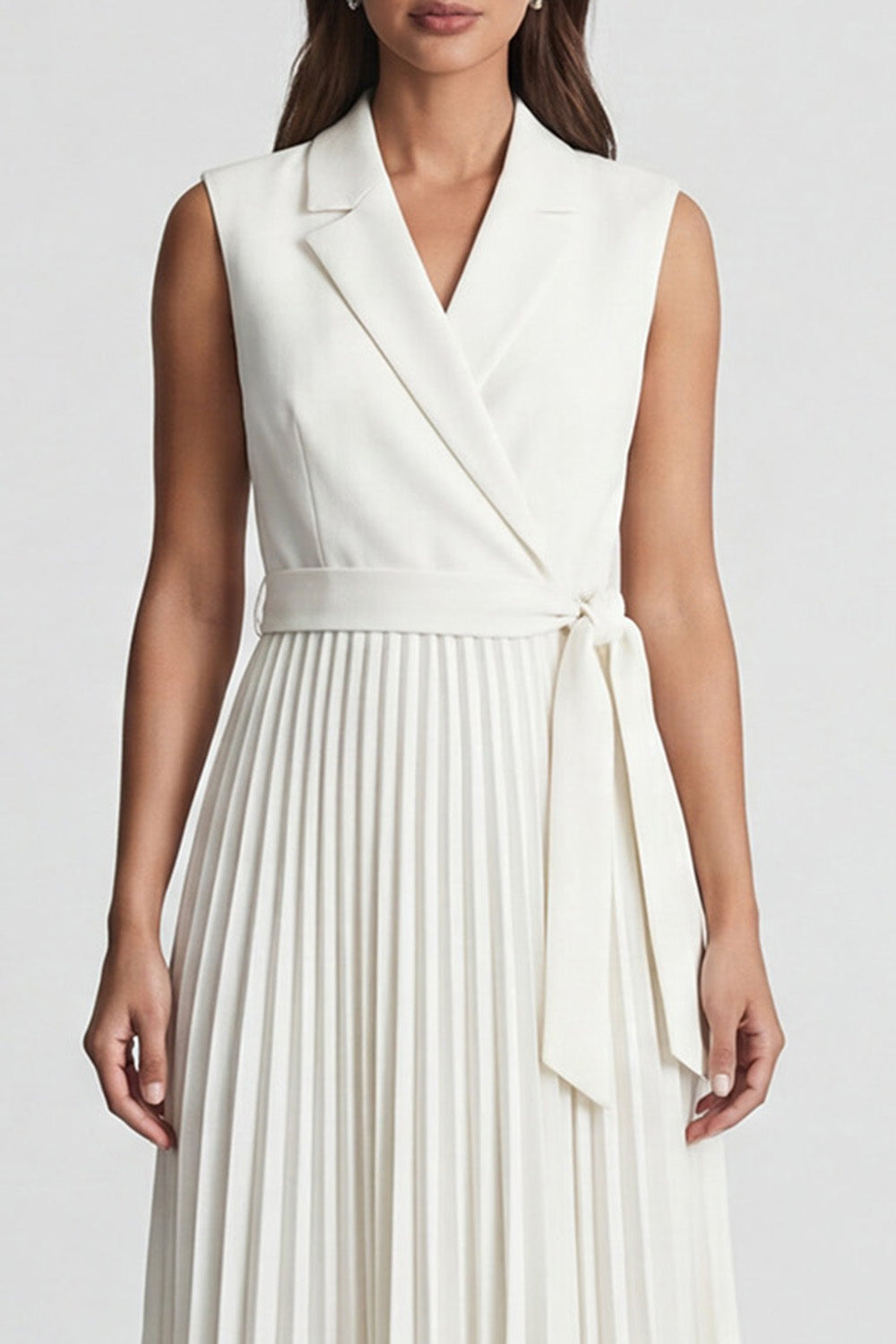 Ivory Notched Lapel Pleated A Line Midi Work Dress with Belt