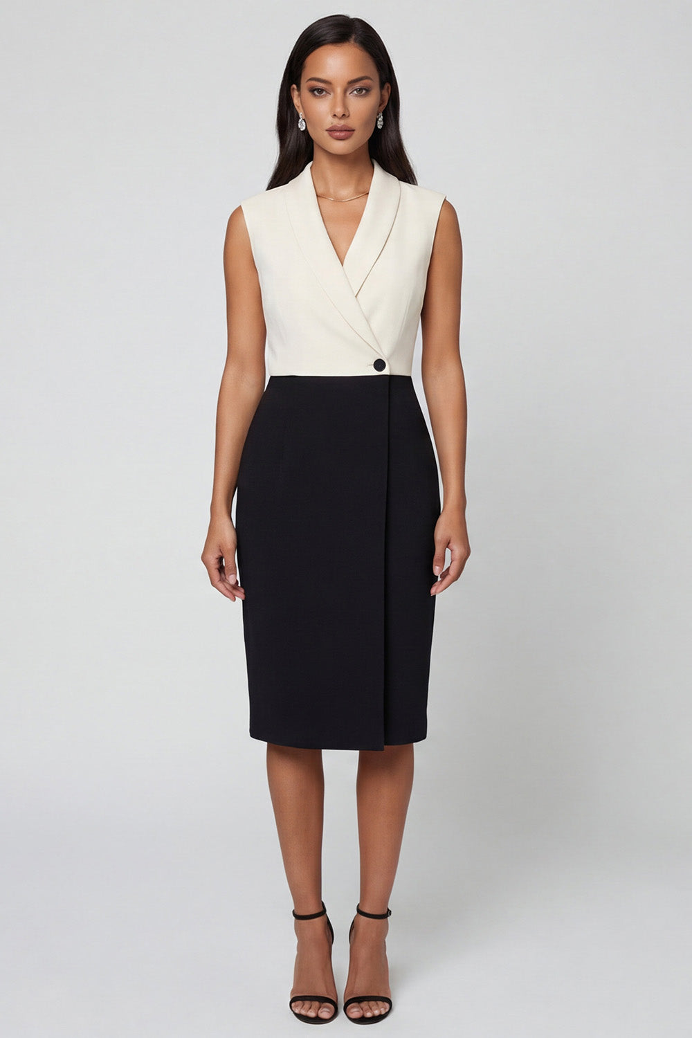 Black and White Shawl Lapel Sheath Midi Work Dress