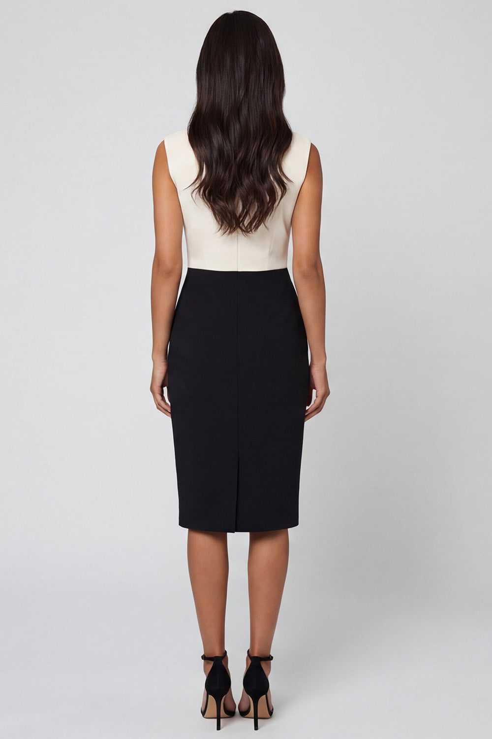 Black and White Shawl Lapel Sheath Midi Work Dress