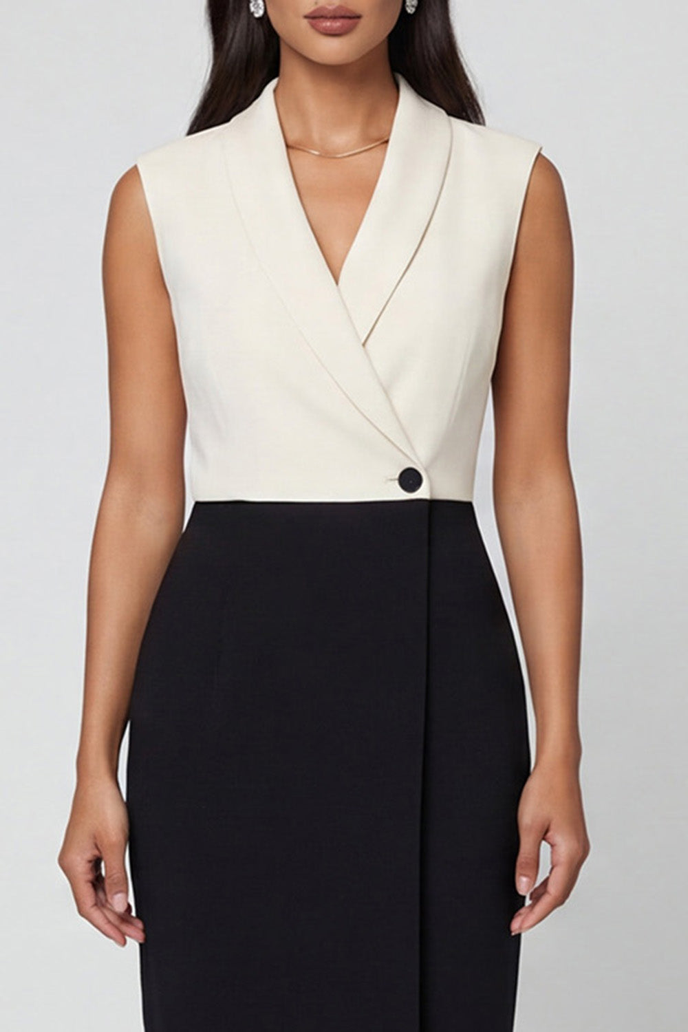 Black and White Shawl Lapel Sheath Midi Work Dress