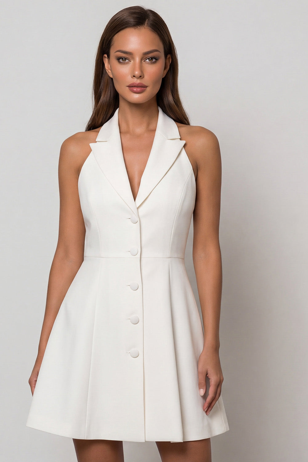 Halter White Single-breasted A Line Short Work Dress