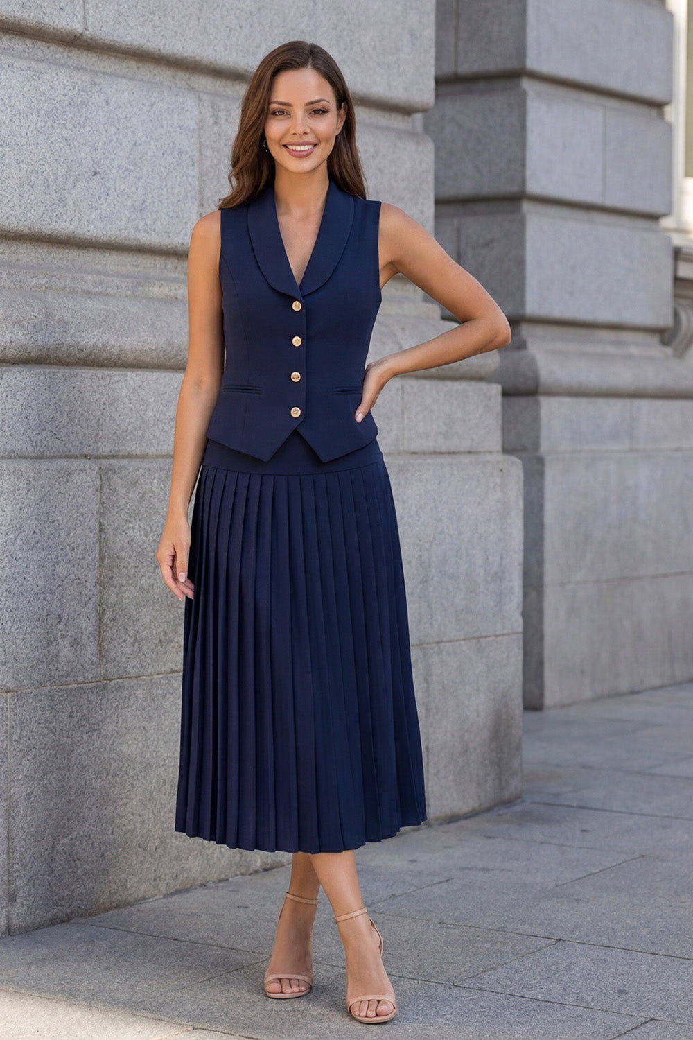 Robe de travail 2 pièces plissée trapèze sans manches bleu marine à boutonnage simple