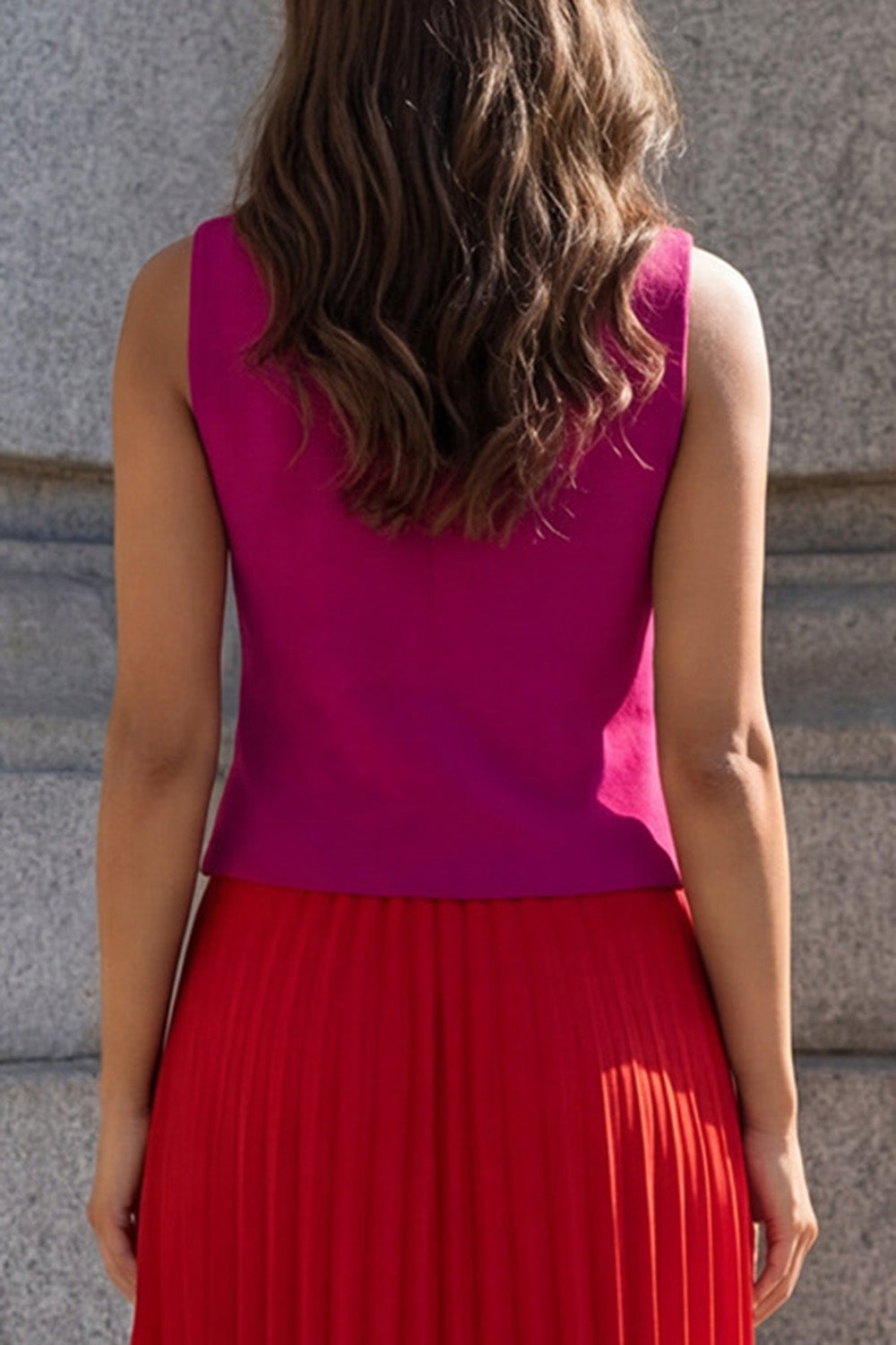 Fuchsia and Red V-Neck Pleated 2-piece A Line Work Dress