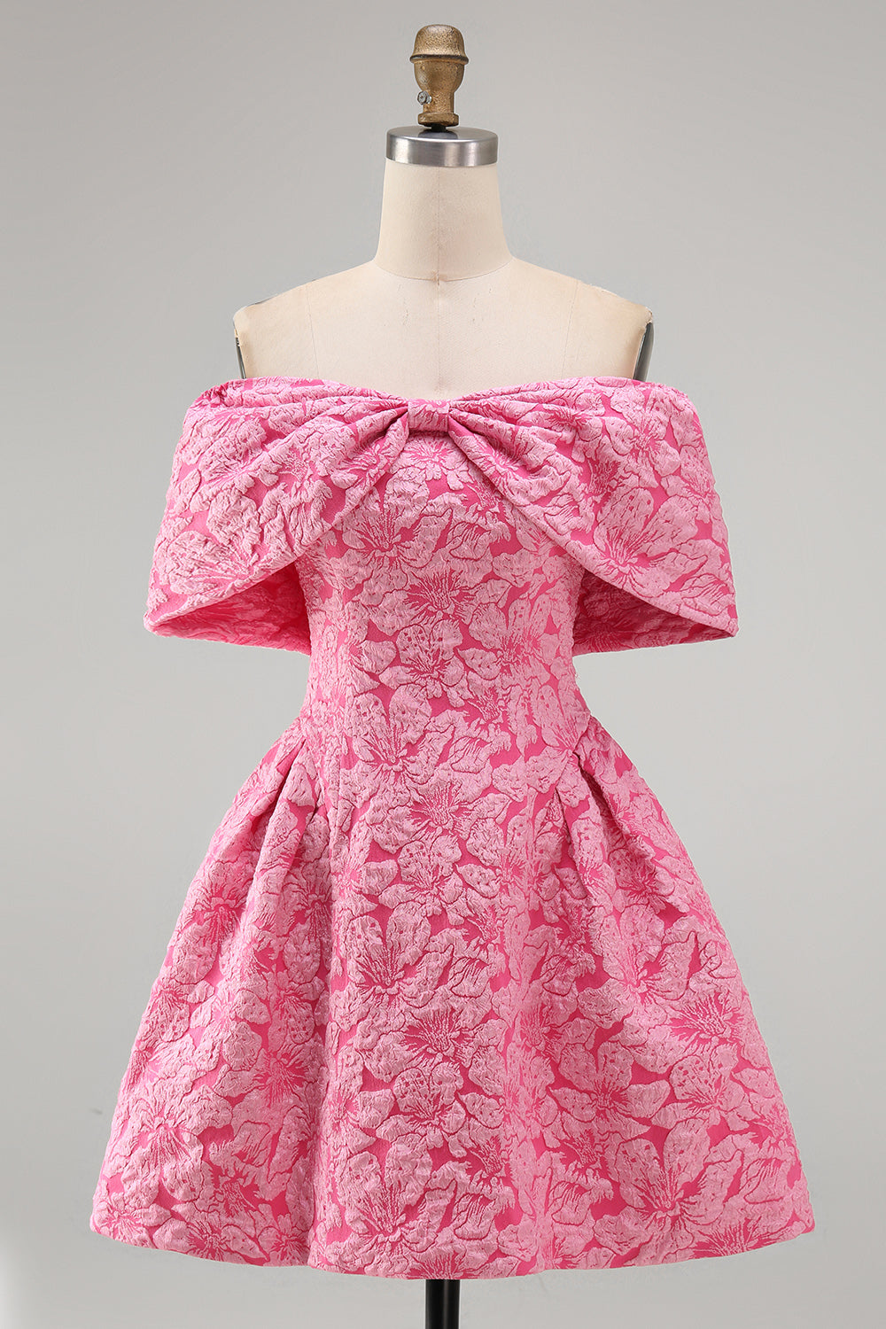 Vestido de cóctel corto de jacquard fucsia con cuello barco, corte A y lazo