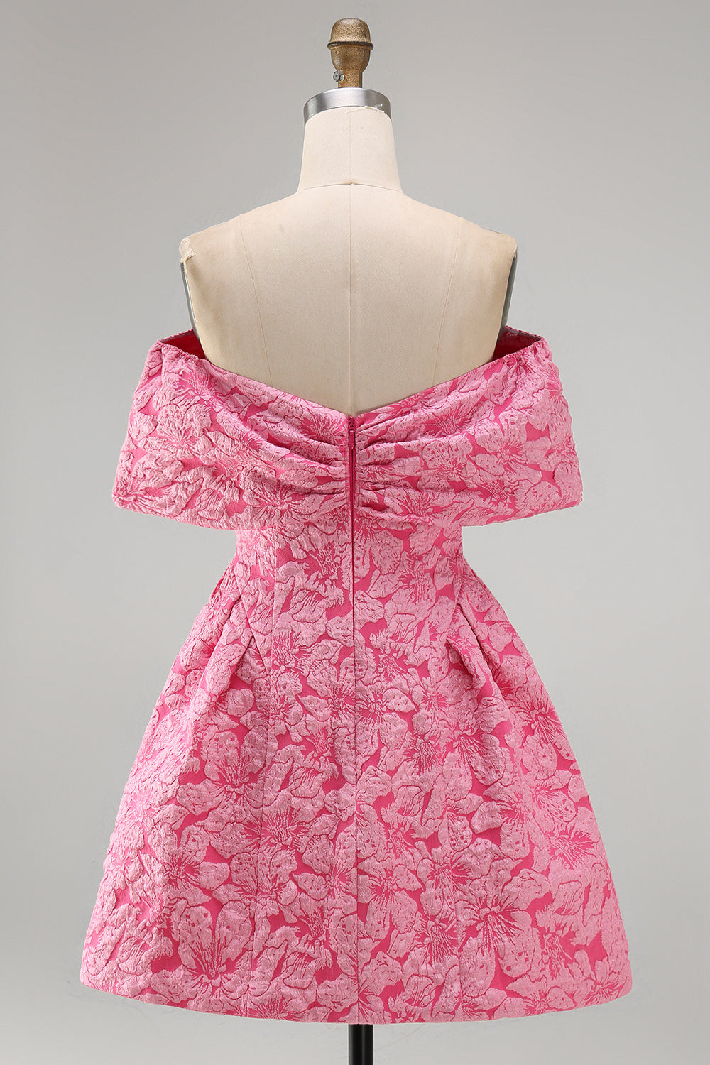 Vestido de cóctel corto de jacquard fucsia con cuello barco, corte A y lazo