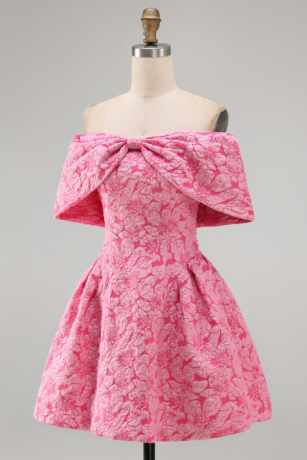 Vestido de cóctel corto de jacquard fucsia con cuello barco, corte A y lazo