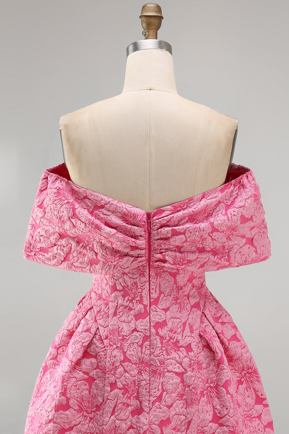 Vestido de cóctel corto de jacquard fucsia con cuello barco, corte A y lazo