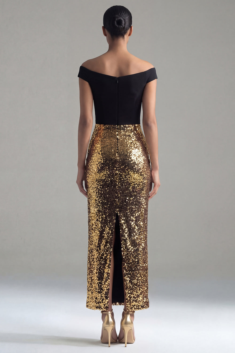 Sparkly Black and Gold Sequins Off the Shoulder Sheath Long Formal Dress with Slit
