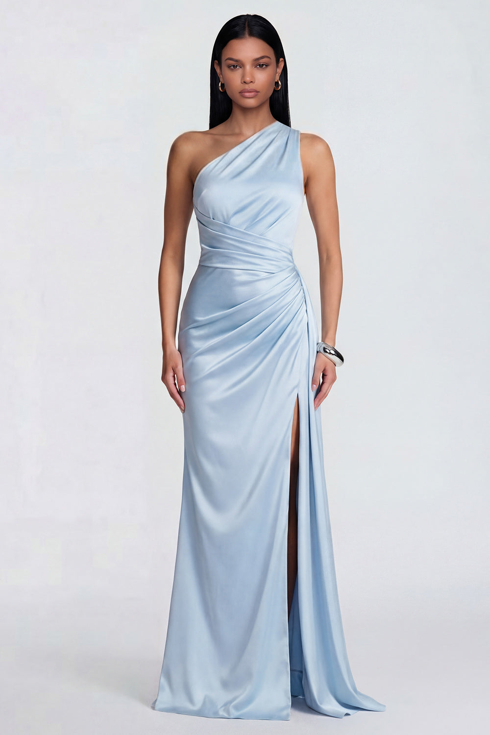 Robe de soirée sirène drapée asymétrique bleu ciel