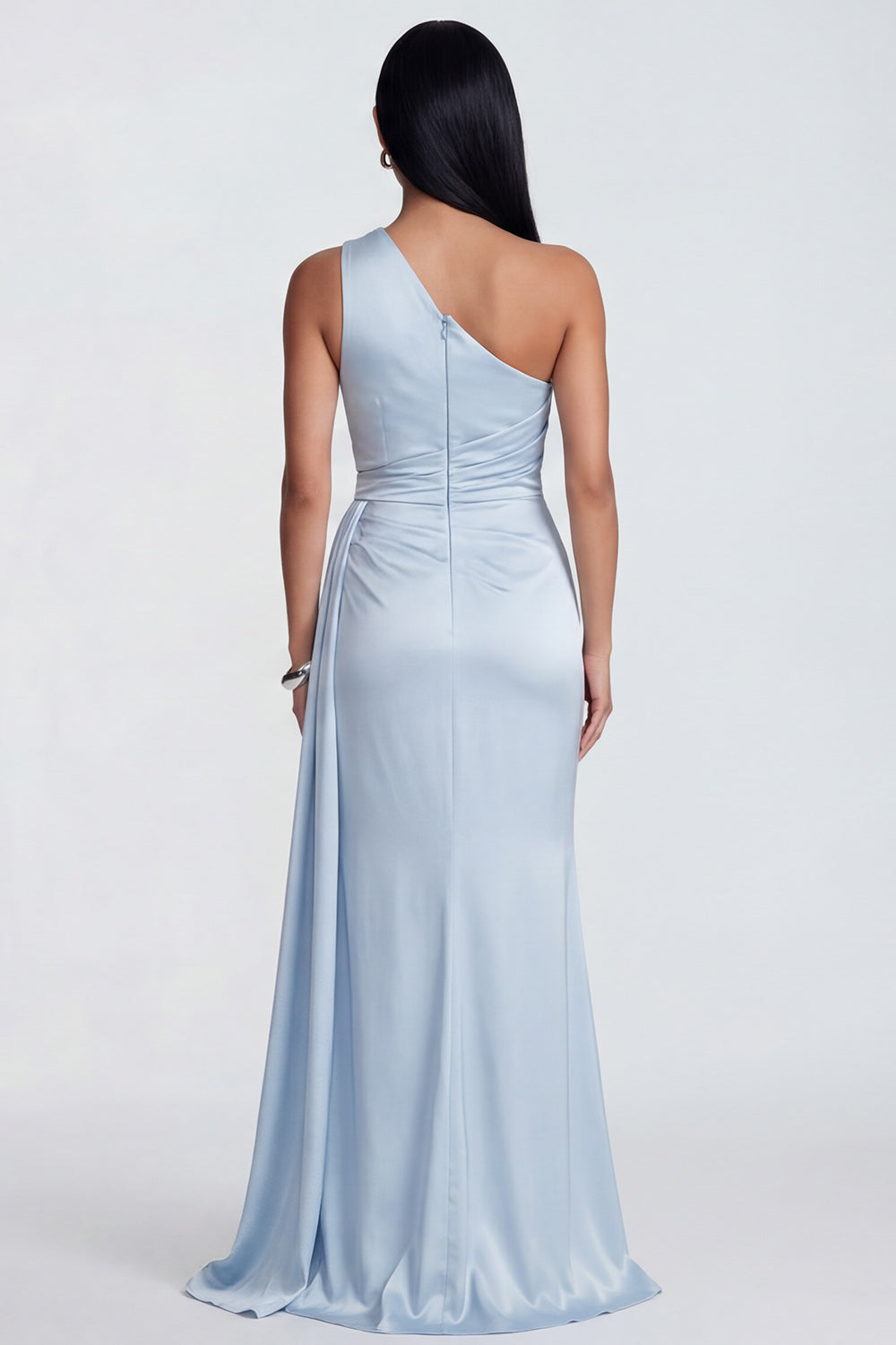 Robe de soirée sirène drapée asymétrique bleu ciel