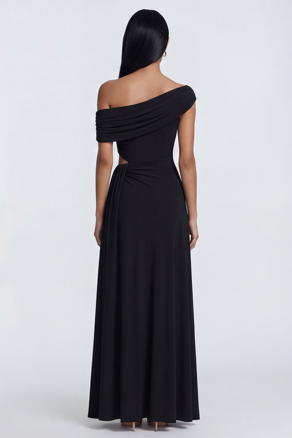 Black Cut Out Asymmetrical Neck Long Formal Dress
