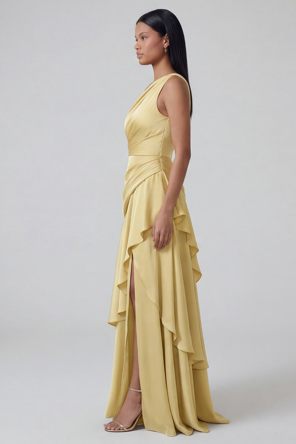 Yellow Ruffled A Line One Shoulder Long Formal Dress