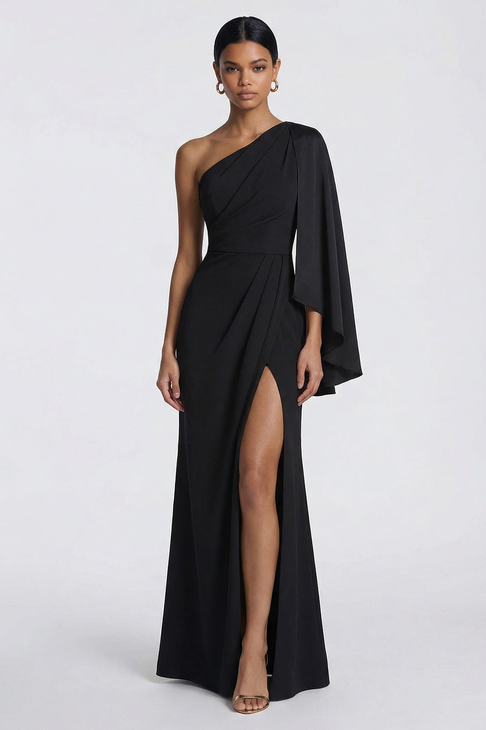 Robe de soirée sirène noire asymétrique avec cape latérale