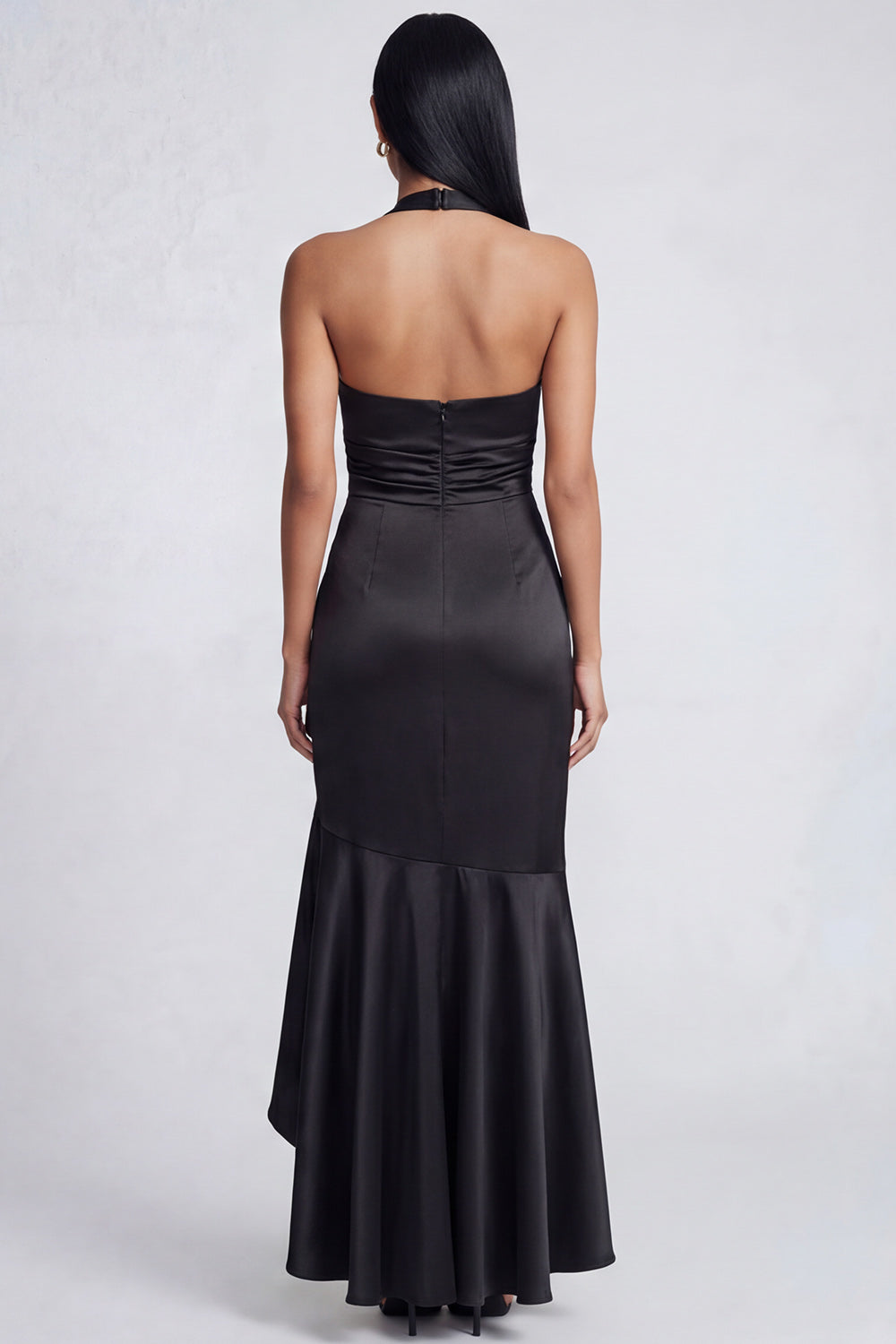 Halter Black Mermaid Satin Ruffled Long Formal Dress