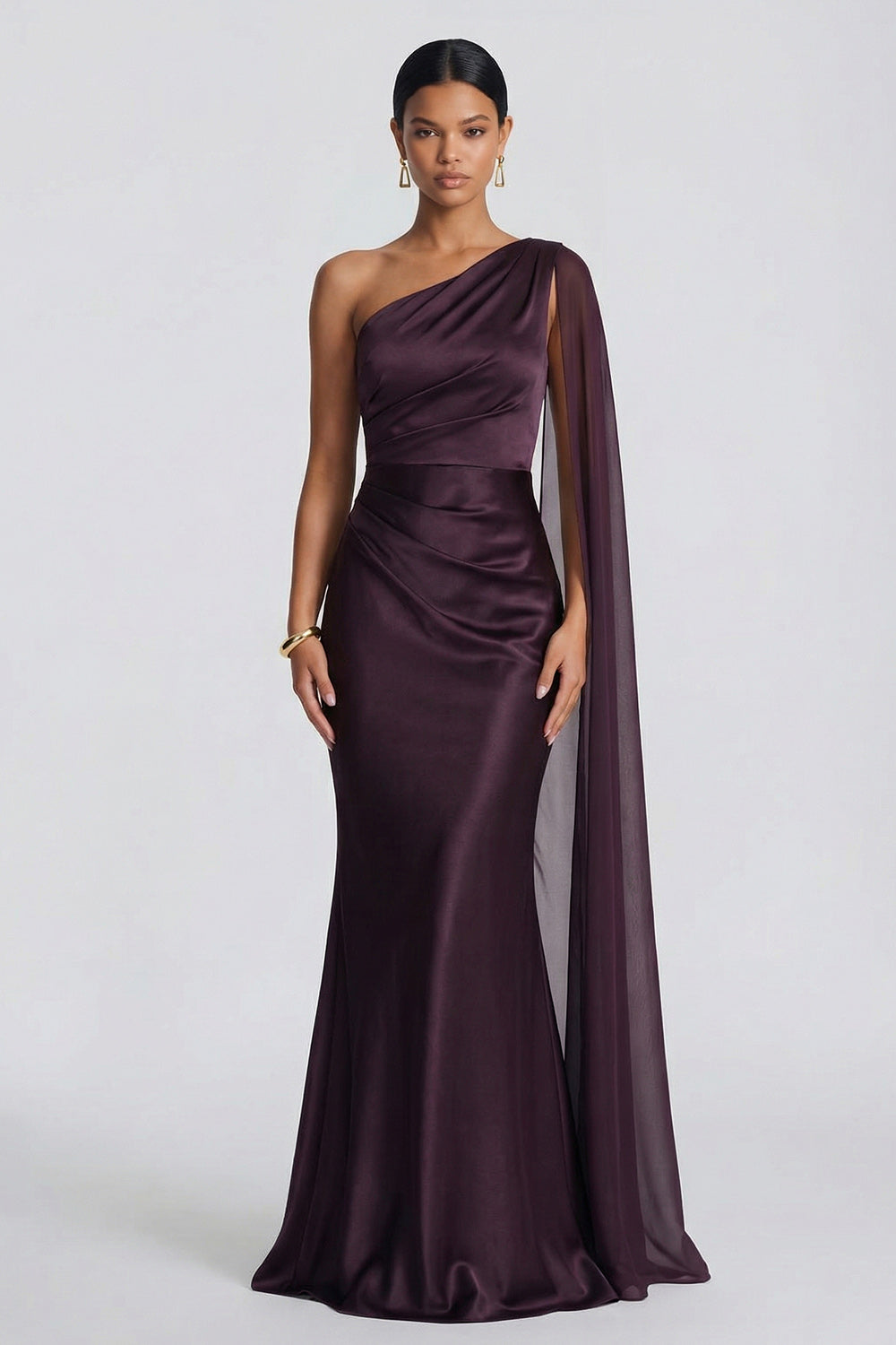 One-Shoulder Cabernet Mermaid Backless Formal Dress with Side Streamer