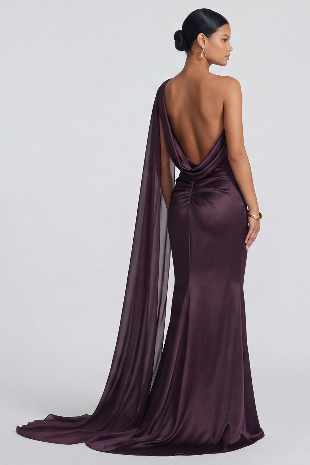 One-Shoulder Cabernet Mermaid Backless Formal Dress with Side Streamer