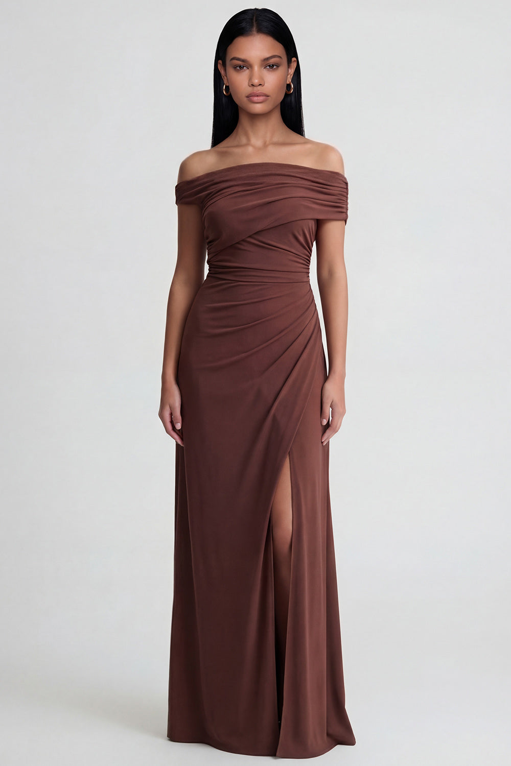 Off-the-Shoulder Brown Mermaid Ruched Long Formal Dress