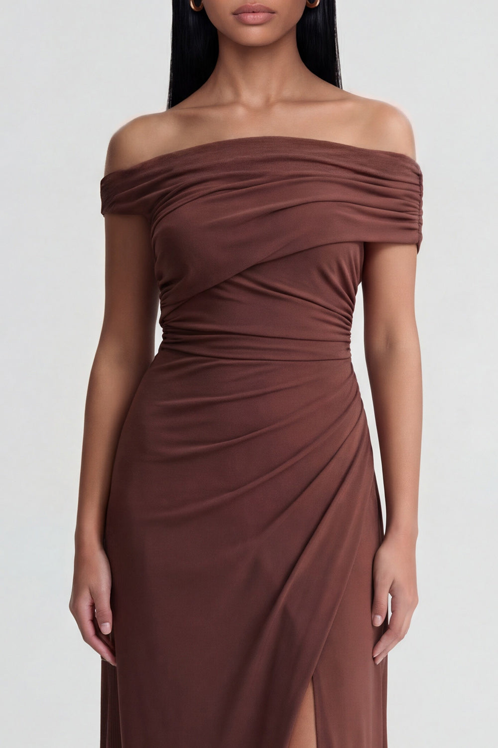 Off-the-Shoulder Brown Mermaid Ruched Long Formal Dress