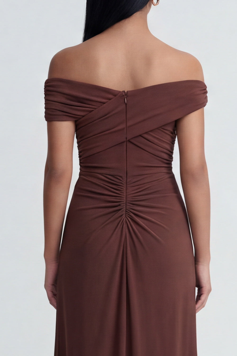 Off-the-Shoulder Brown Mermaid Ruched Long Formal Dress