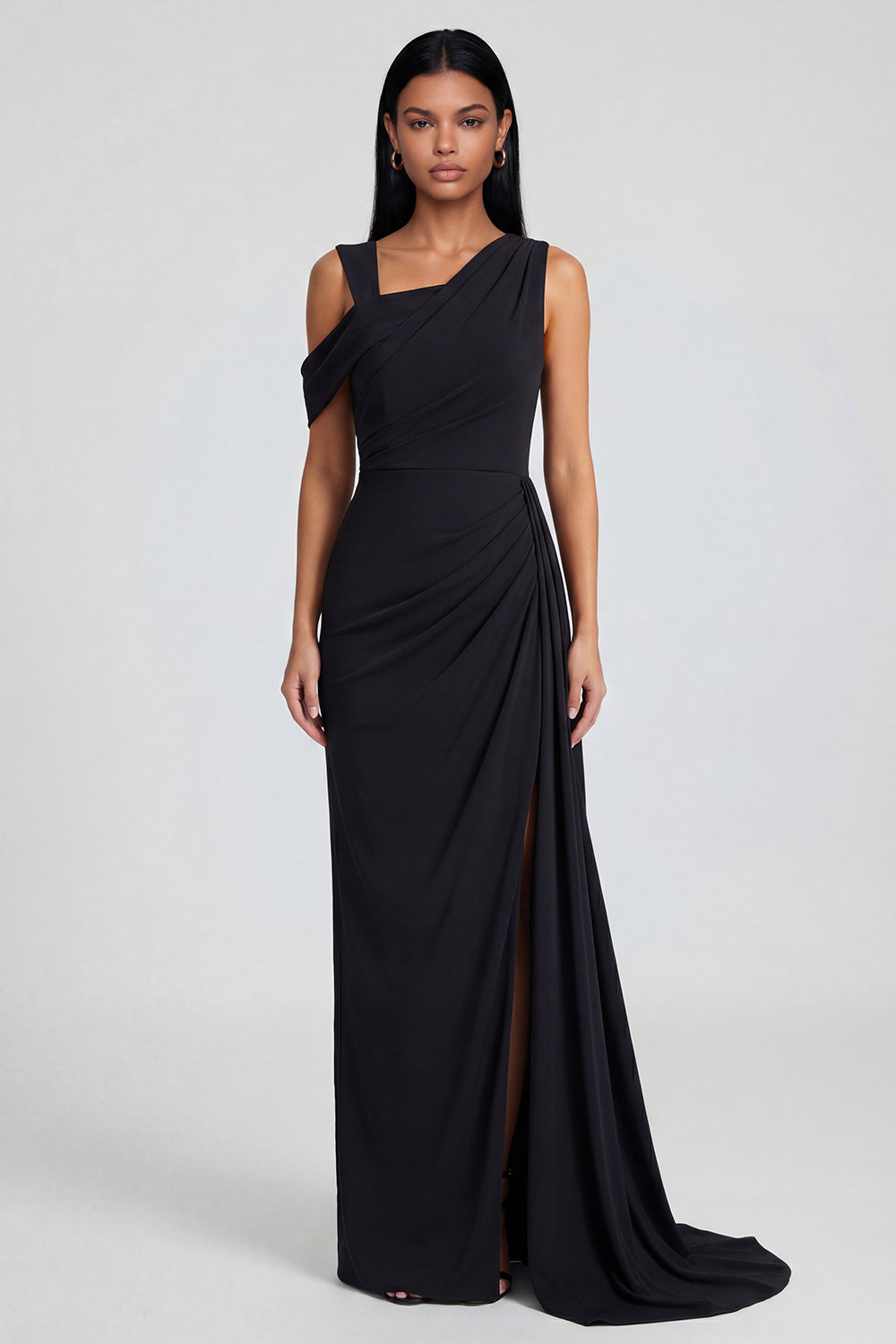 Robe de soirée noire fourreau asymétrique avec ruban décoratif
