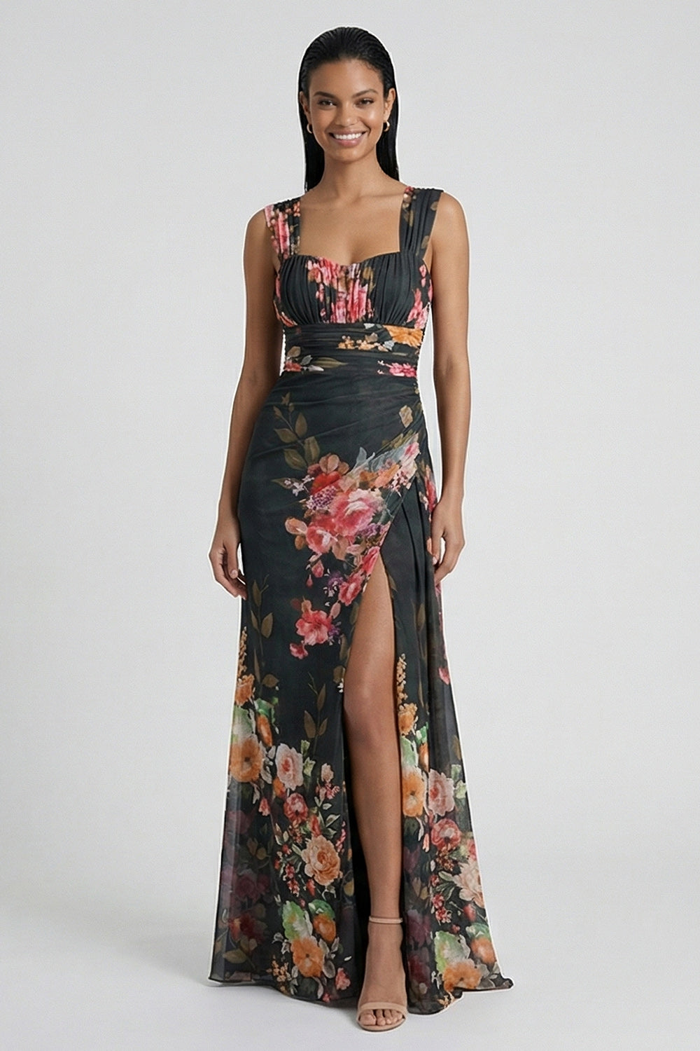 Black Floral Mermaid Square Neck Formal Dress