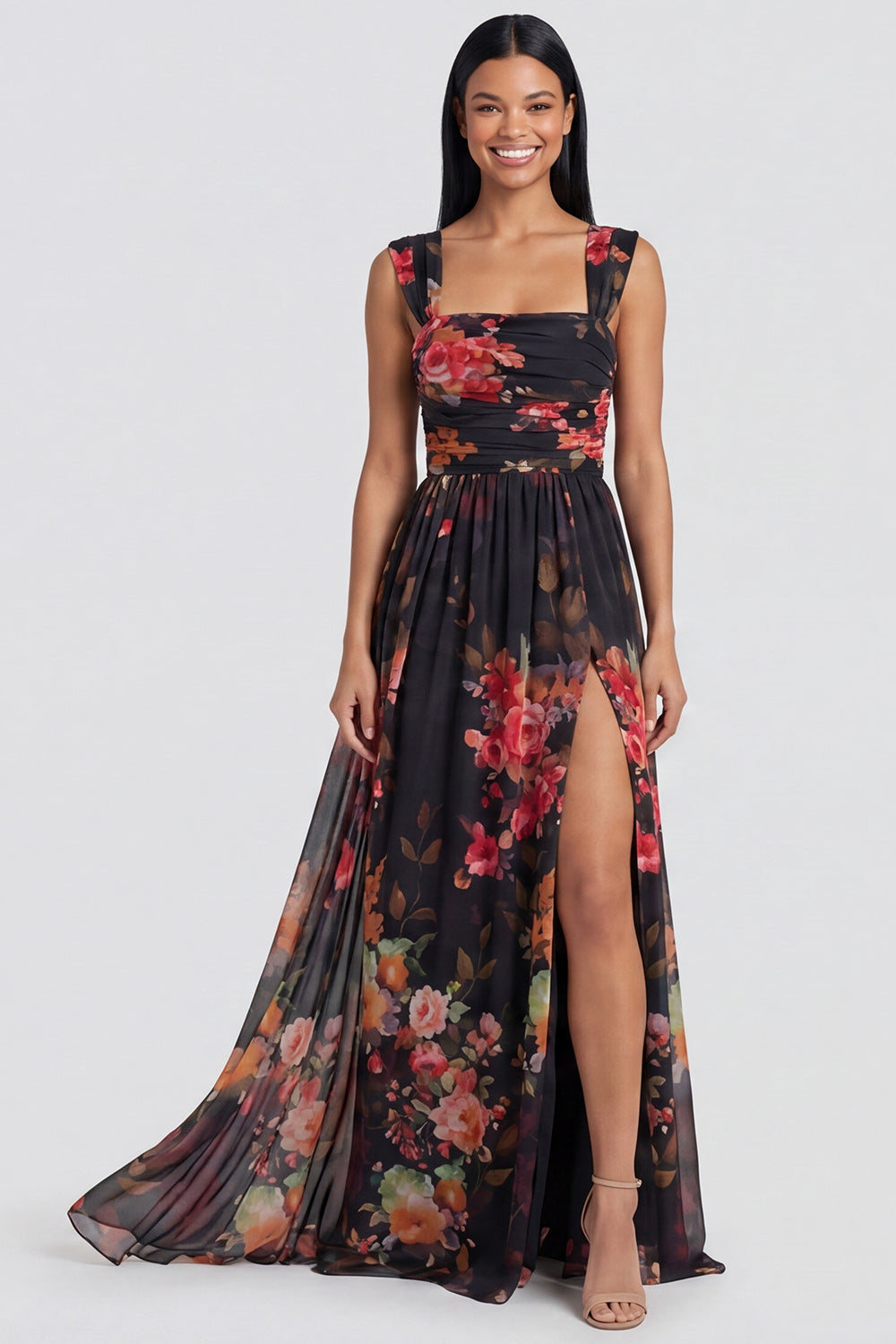 Black A Line Square Neck Chiffon Floral Dress with Slit