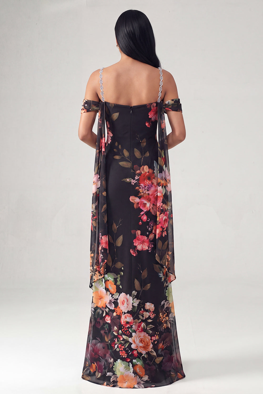 Ivory Cold Shoulder Mermaid Floral Formal Dress with Sash