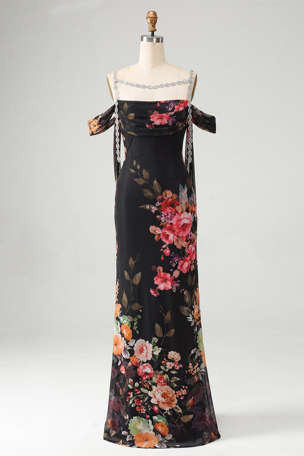 Ivory Cold Shoulder Mermaid Floral Formal Dress with Sash