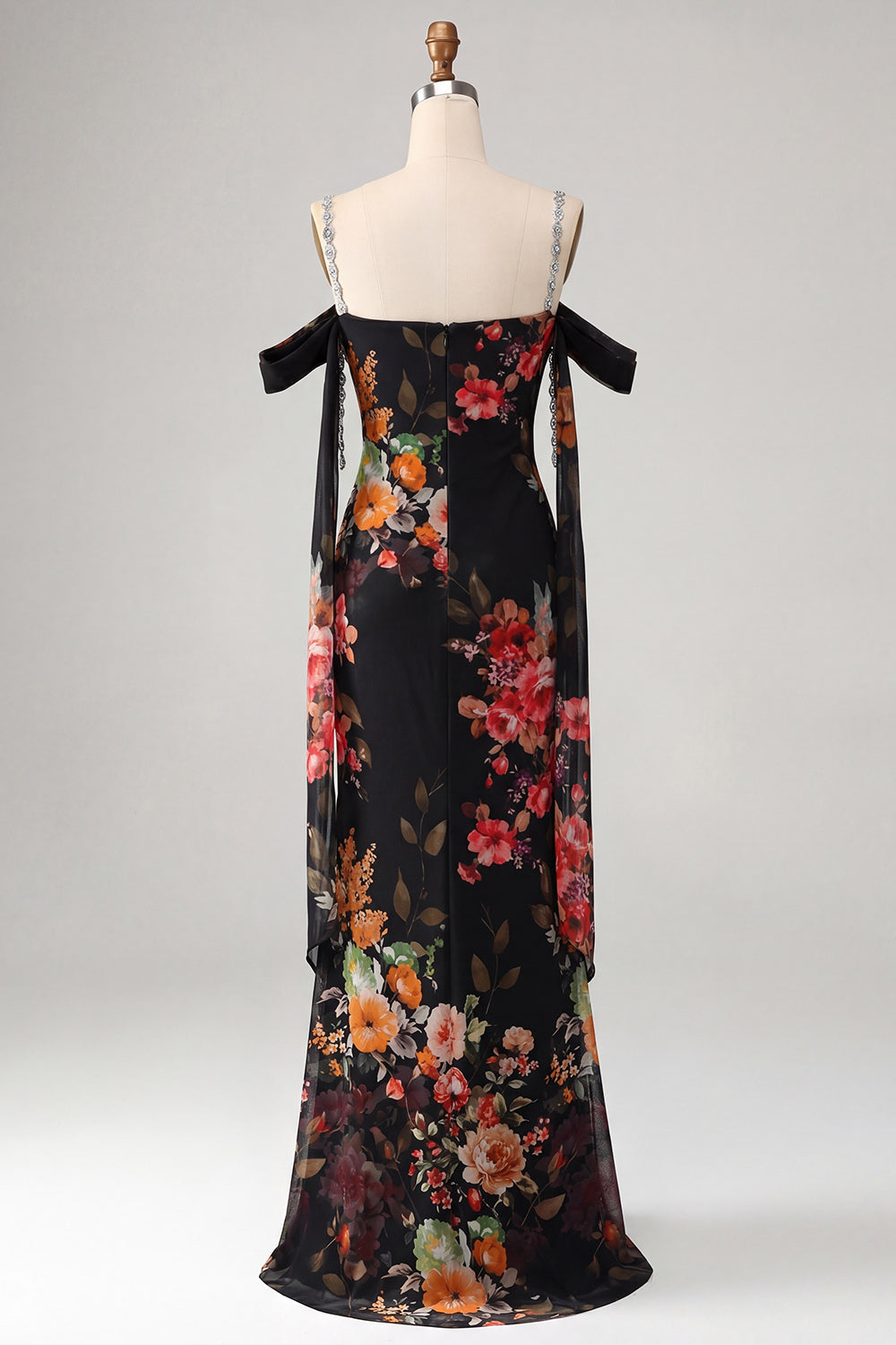 Ivory Cold Shoulder Mermaid Floral Formal Dress with Sash