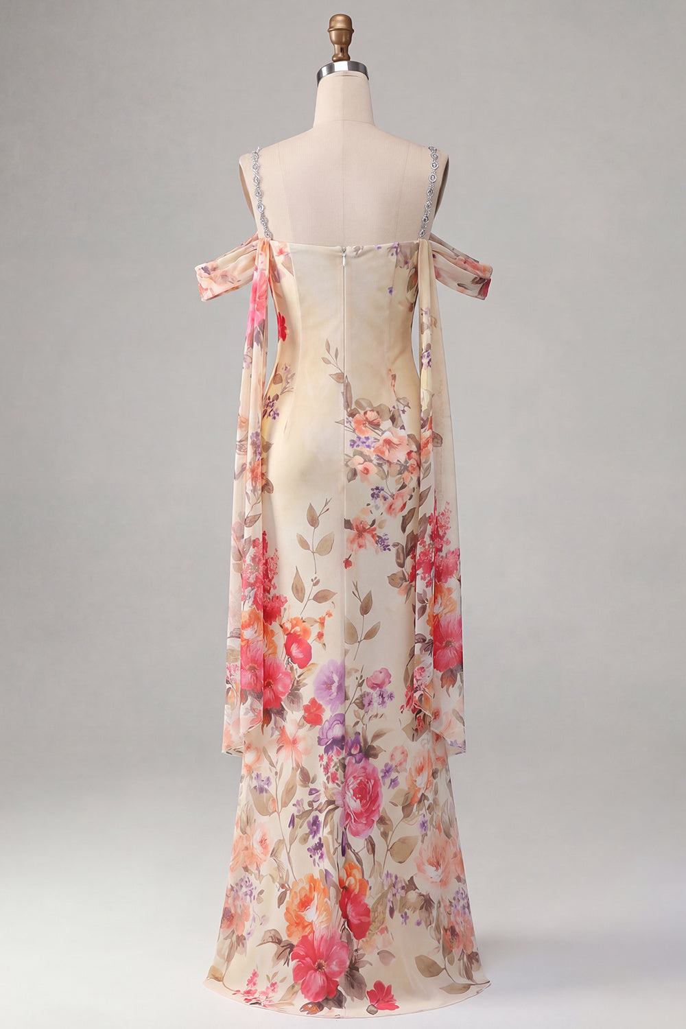 Ivory Cold Shoulder Mermaid Floral Formal Dress with Sash