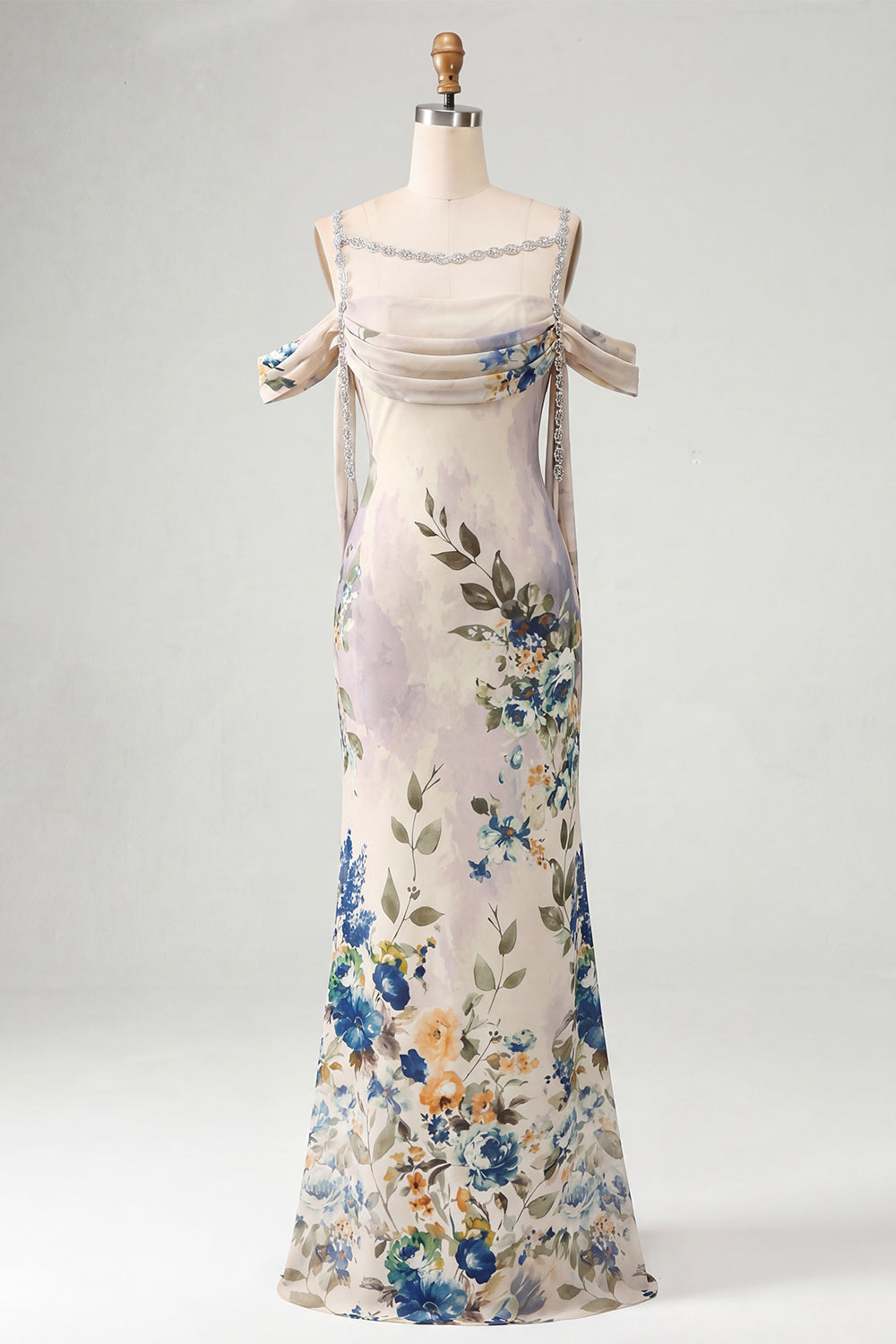 Ivory Cold Shoulder Mermaid Floral Formal Dress with Sash