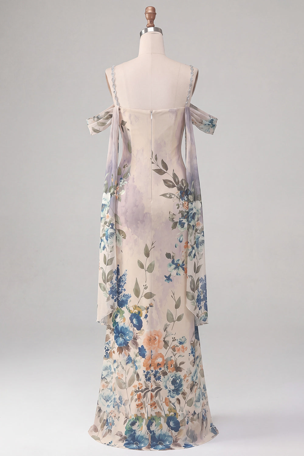 Ivory Cold Shoulder Mermaid Floral Formal Dress with Sash