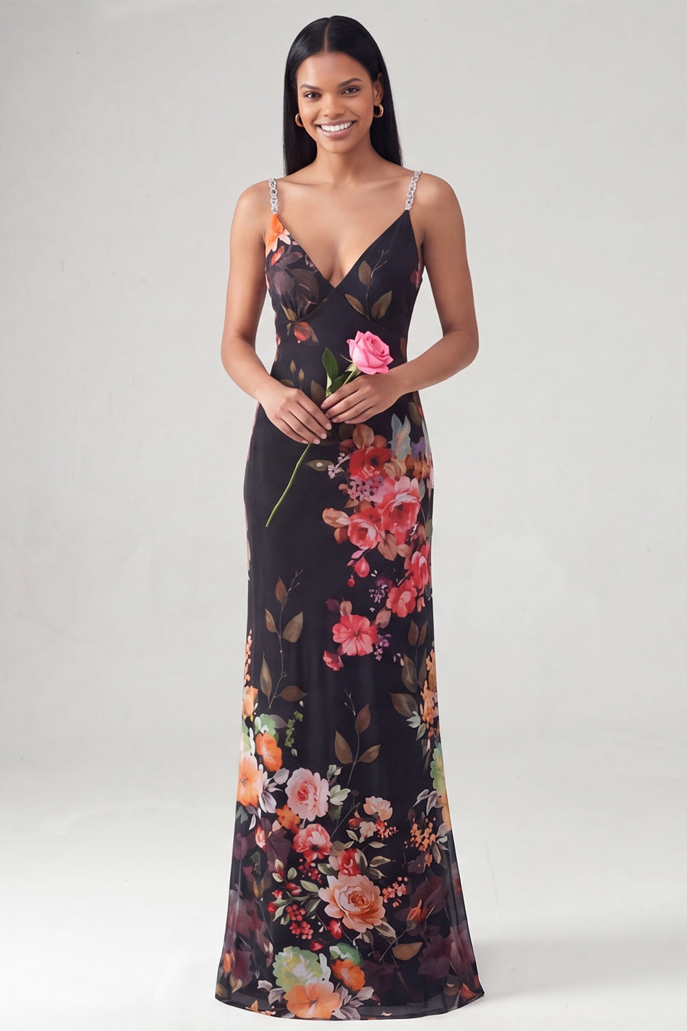 Robe de soirée longue sirène noire à imprimé floral, décolleté en V et fines bretelles