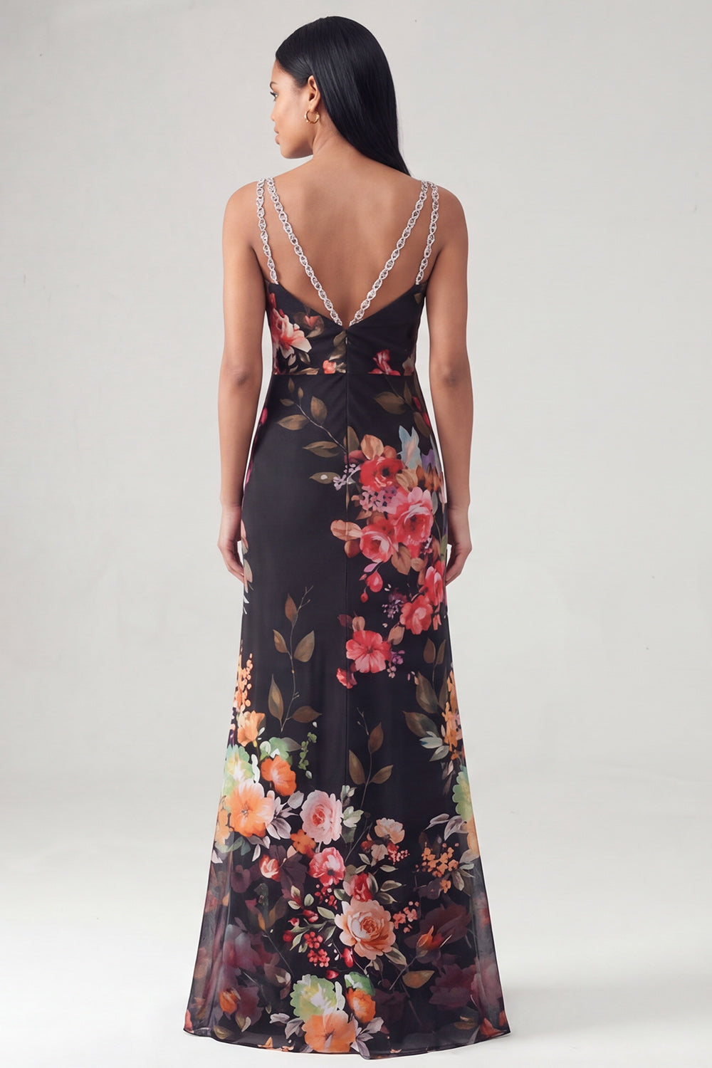 Robe de soirée longue sirène noire à imprimé floral, décolleté en V et fines bretelles