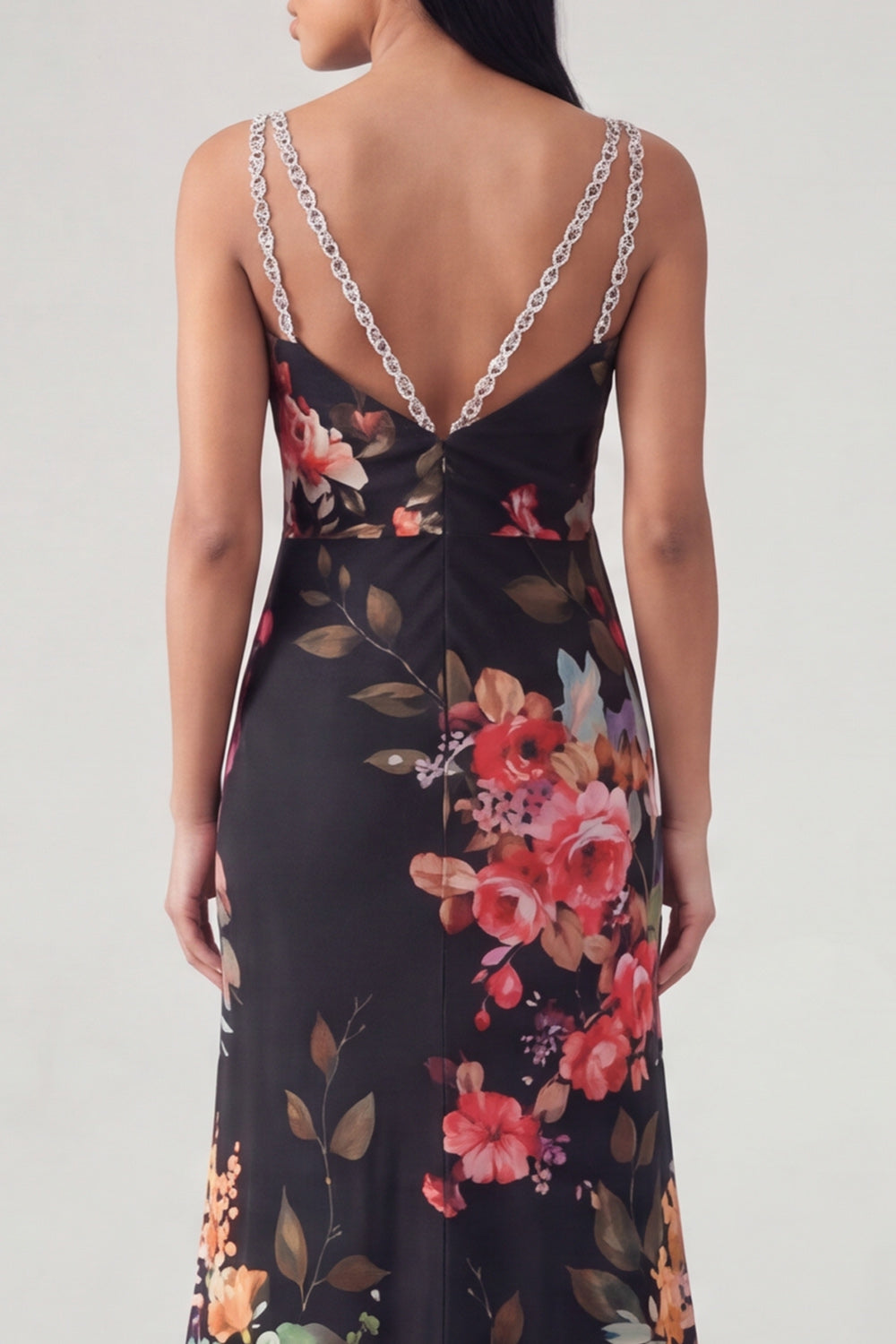 Robe de soirée longue sirène noire à imprimé floral, décolleté en V et fines bretelles
