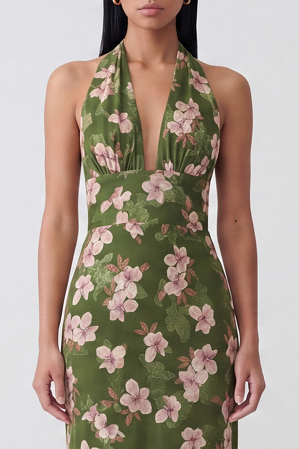 Dark Green Halter Backless Sheath Long Floral Dress