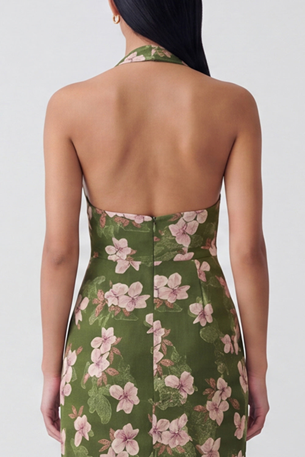 Dark Green Halter Backless Sheath Long Floral Dress