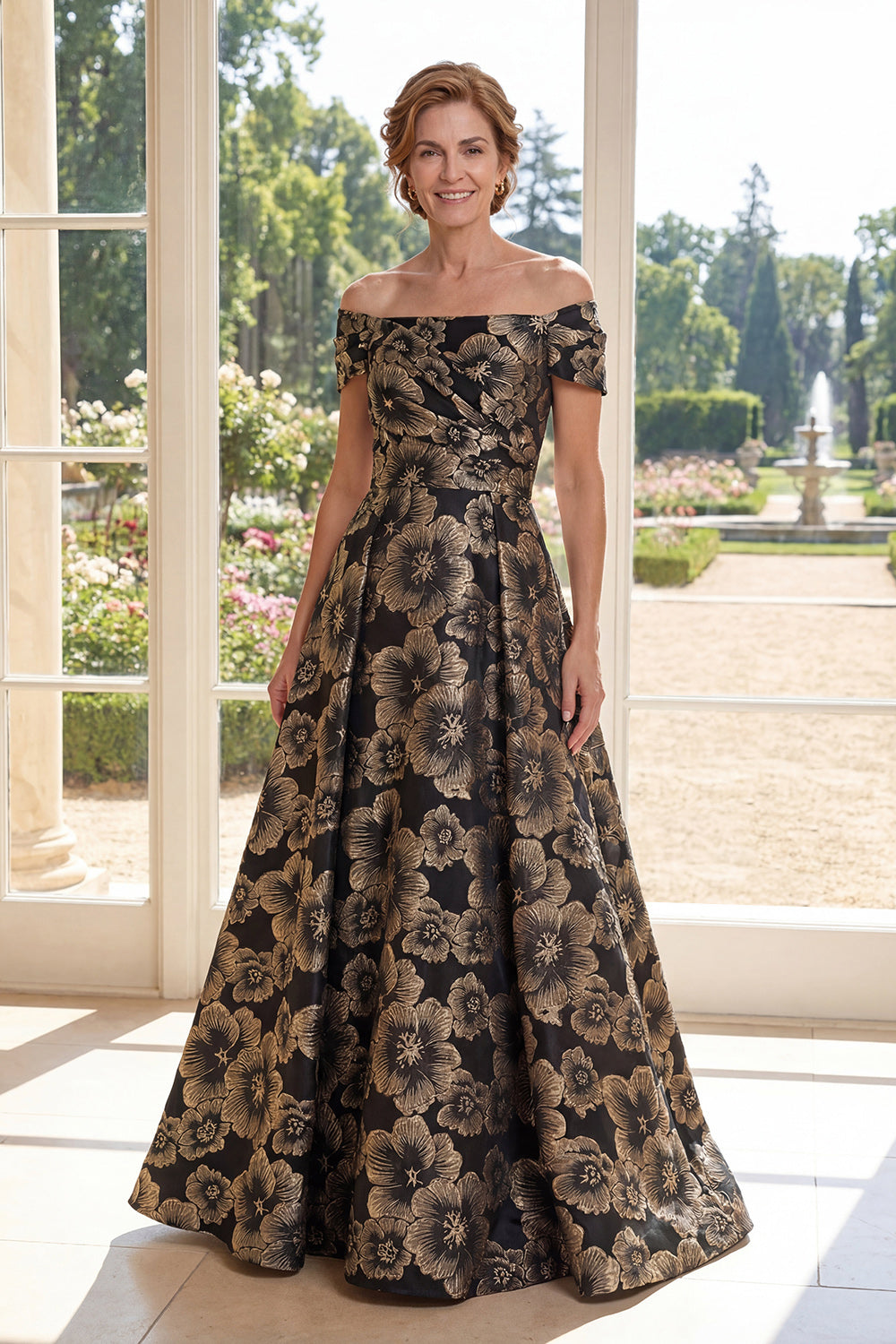 A-Line Black Off-the-Shoulder Jacquard Floral Long Mother of the Bride Dress