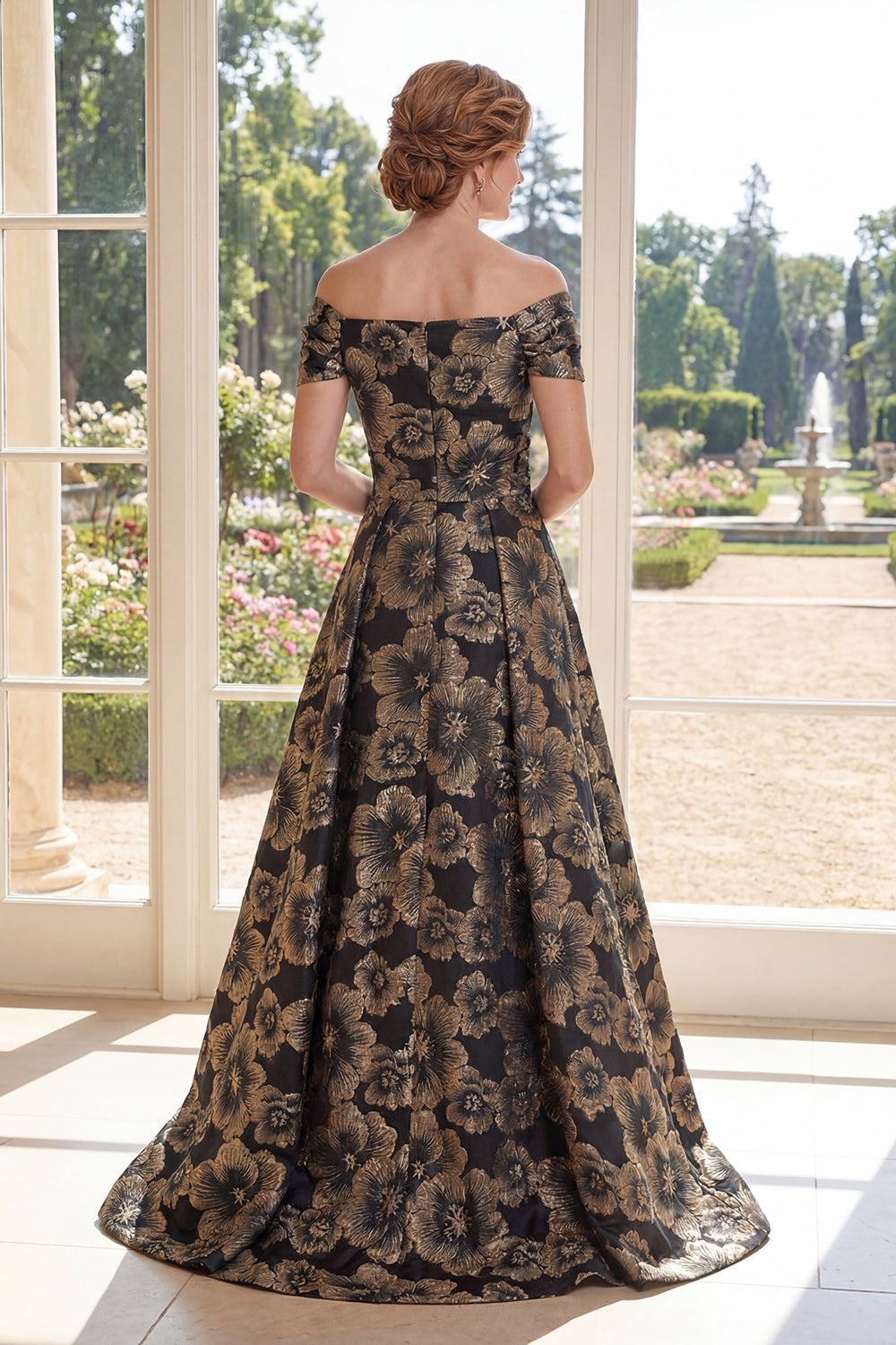 A-Line Black Off-the-Shoulder Jacquard Floral Long Mother of the Bride Dress