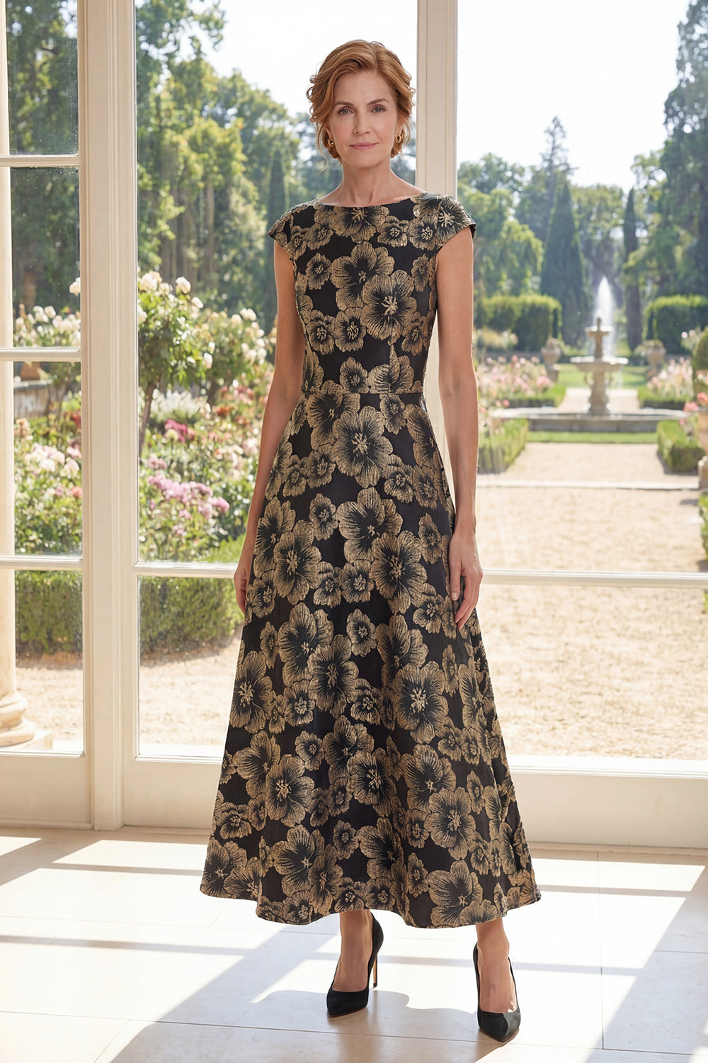 Robe longue de mère de la mariée en jacquard, en ligne A, col bateau, noire