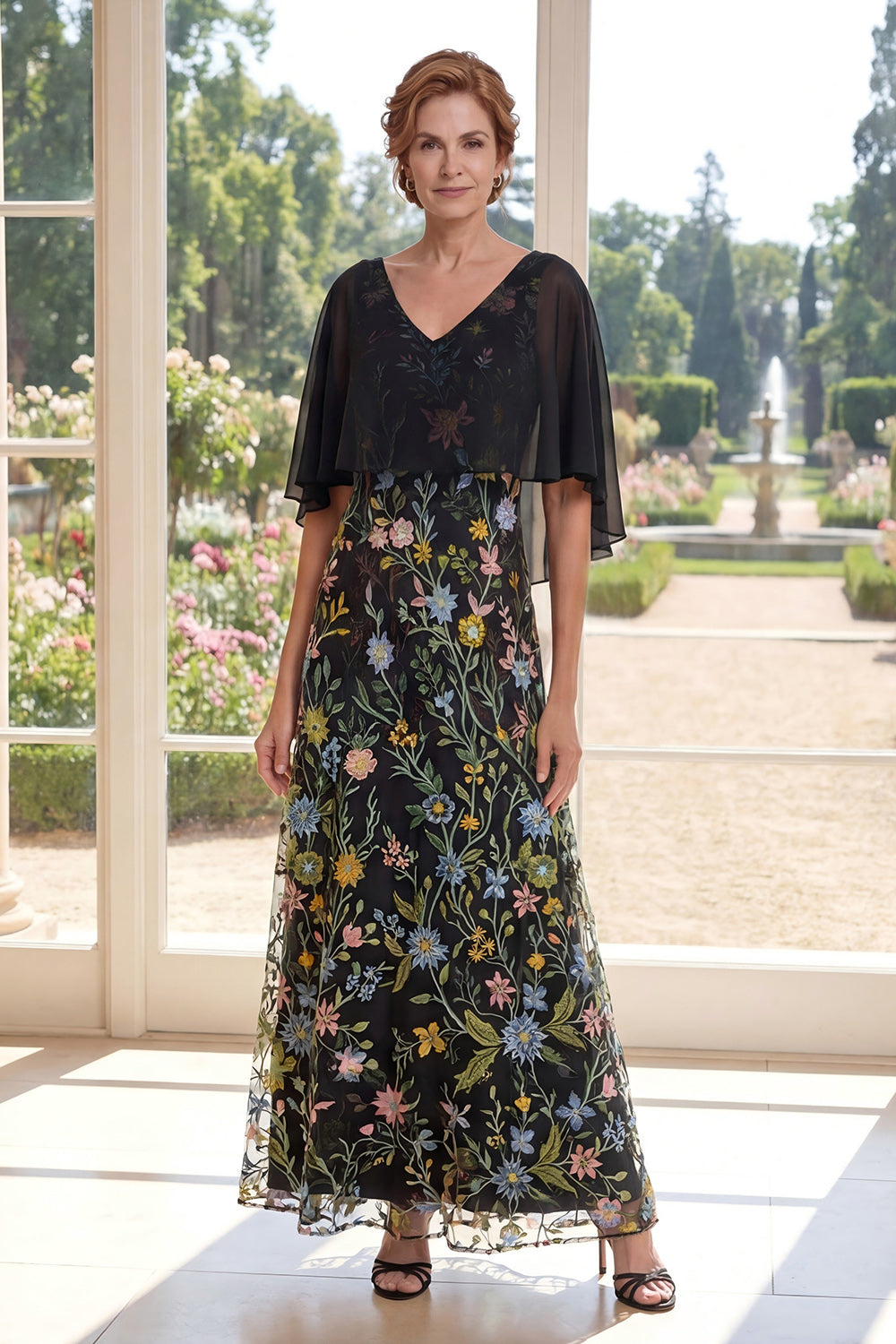 A-Line Tulle Black Embroidered Long Mother Of the Bride Dress with Flutter Sleeves