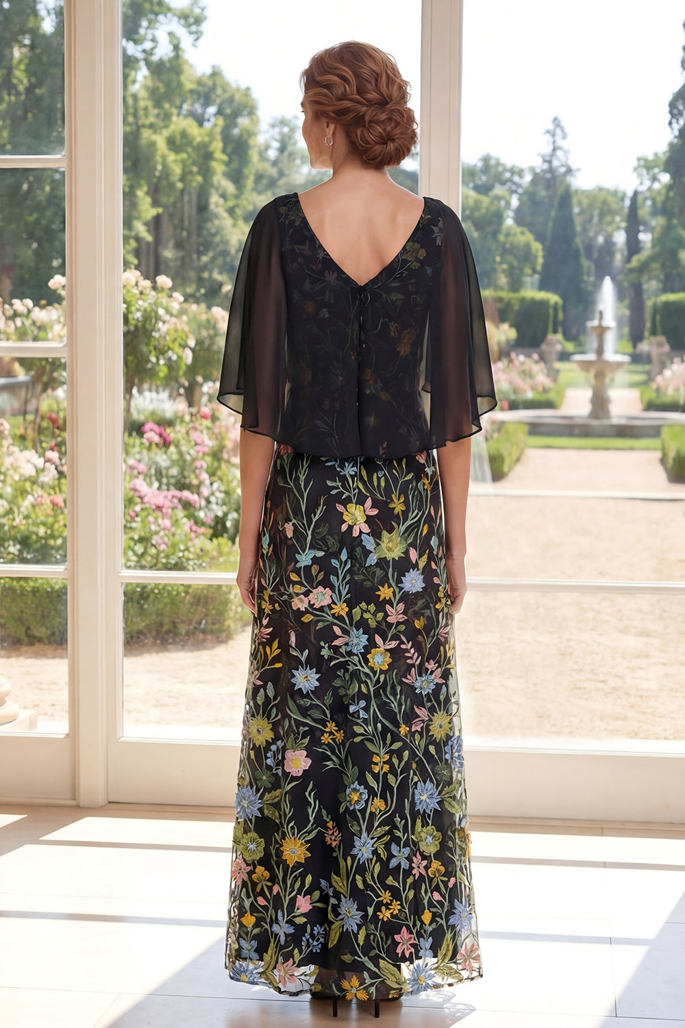 A-Line Tulle Black Embroidered Long Mother Of the Bride Dress with Flutter Sleeves