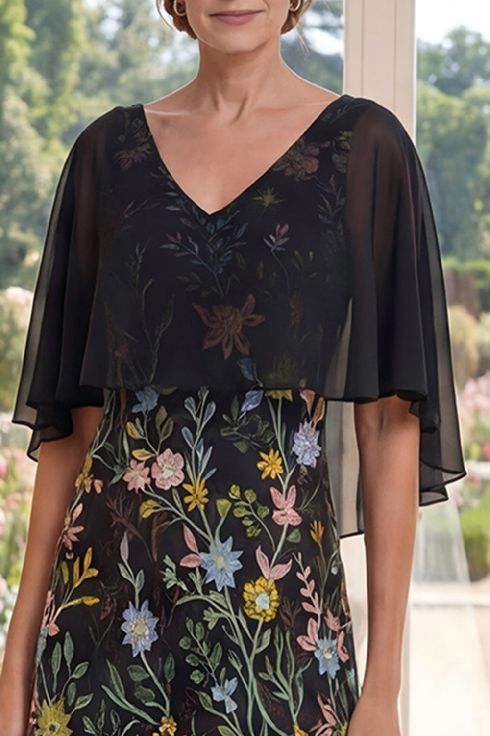 A-Line Tulle Black Embroidered Long Mother Of the Bride Dress with Flutter Sleeves