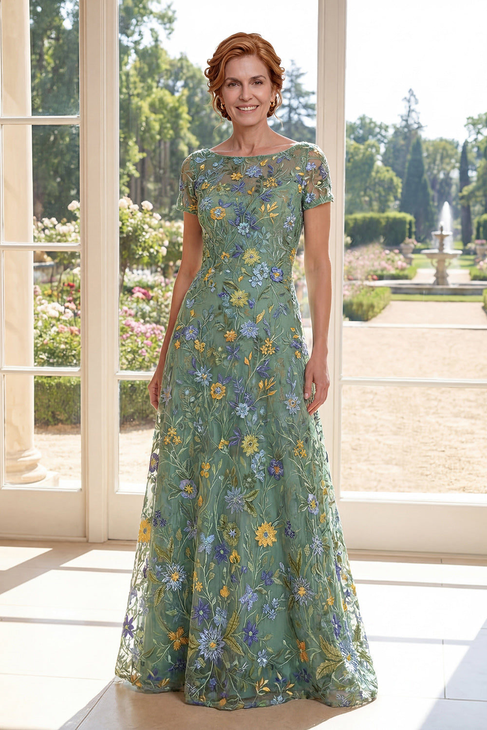 A-Line Green Tulle Bateau Neck Embroidered Mother Of the Bride Dress