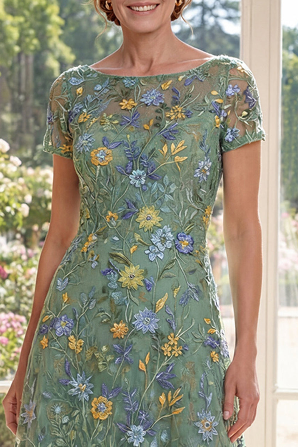 A-Line Green Tulle Bateau Neck Embroidered Mother Of the Bride Dress