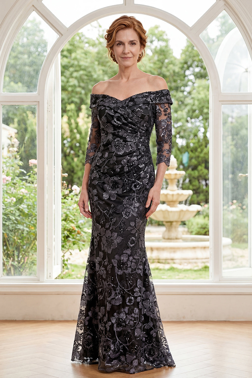 Robe de Mère de la Mariée Sirène Noire en Tulle avec Appliques et Perles, Épaules Dénudées