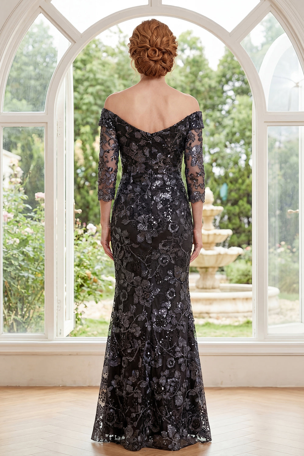 Robe de Mère de la Mariée Sirène Noire en Tulle avec Appliques et Perles, Épaules Dénudées