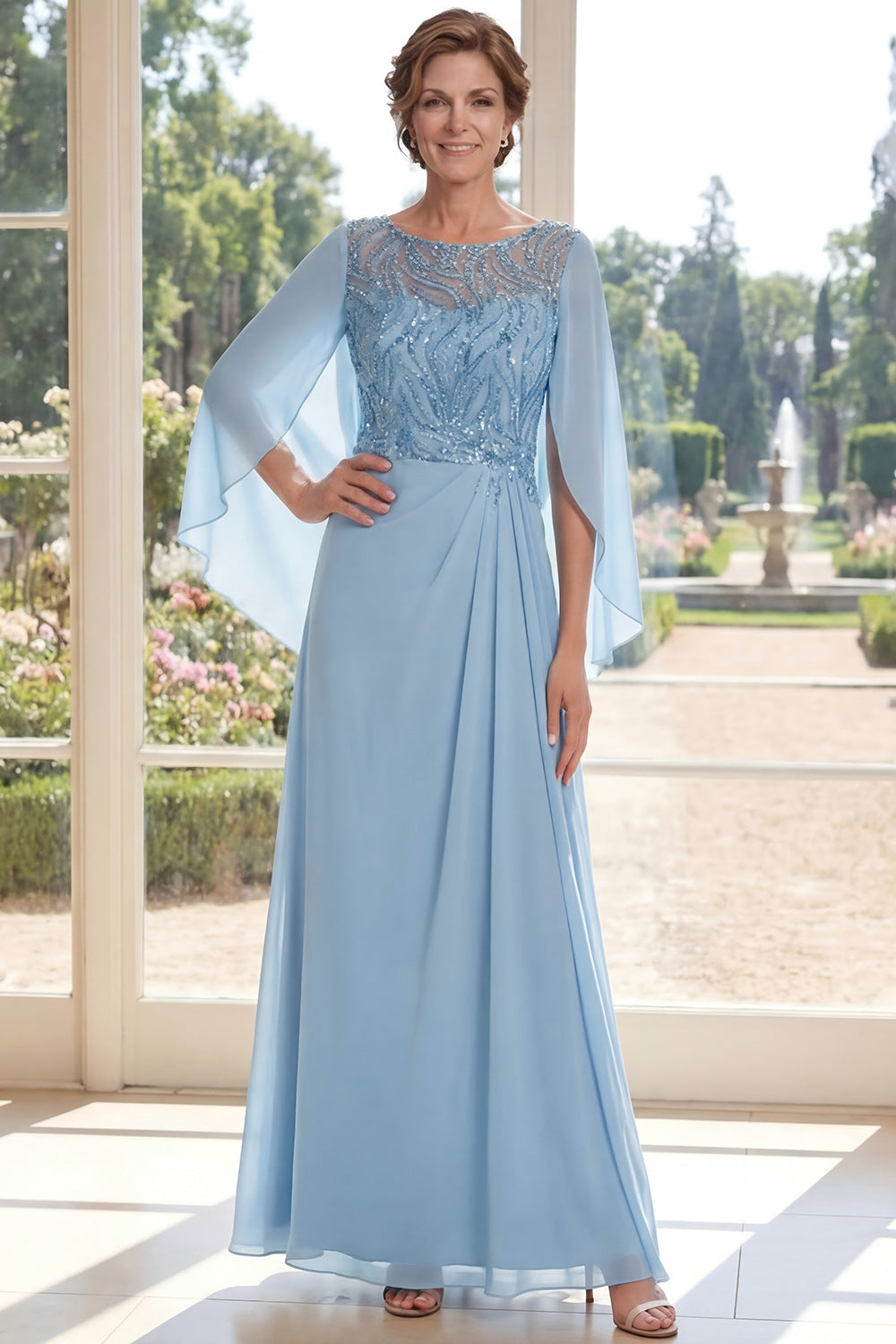 Light Blue Chiffon Sheath Sequins Long Mother Of the Bride Dress