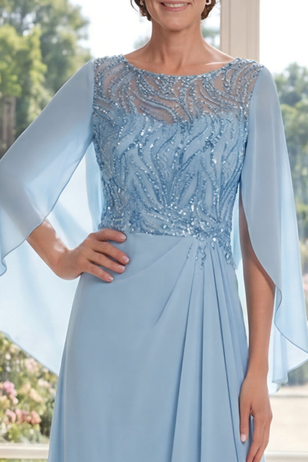 Light Blue Chiffon Sheath Sequins Long Mother Of the Bride Dress